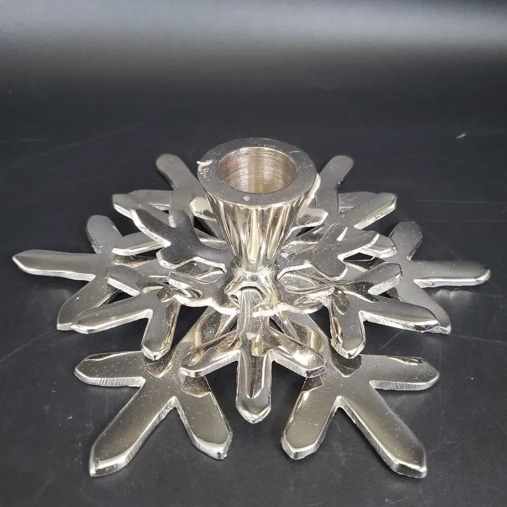 Crate & Barrel Silver Snowflake Taper Candle Holder Shiny Metal Decor